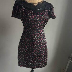 Ami Black Mini Dress with Pink Floral Design